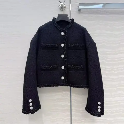 2026 New Autumn Vintage Black Tweed Jacket Women Edge Covering O-neck Drop Shoulder Long Sleeve Loose Pockets Short Design Coat
