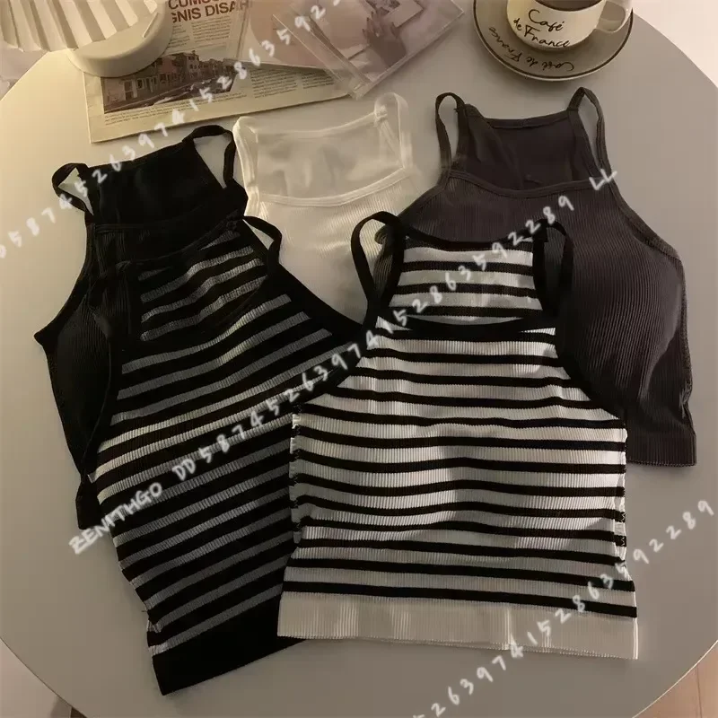 Korean Style Women Solid Color Tank Top with Chest Pad Casual Fashion Crop Top Stripe Sleeveless Outer Wear Basic Camisole