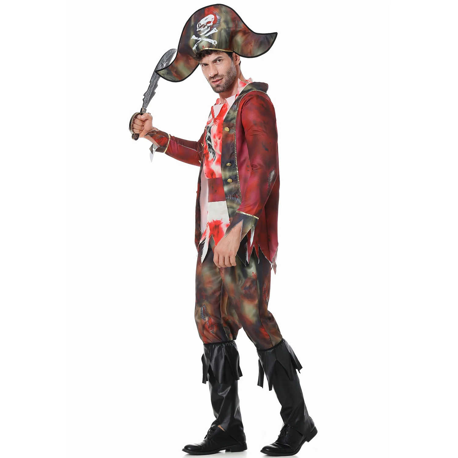 Cosplay fantasia pirata masculina, fantasia de Dia das Bruxas, Sea Rover adulto assustador, top coat, calça, chapéu e capa de perna, mancha de sangue