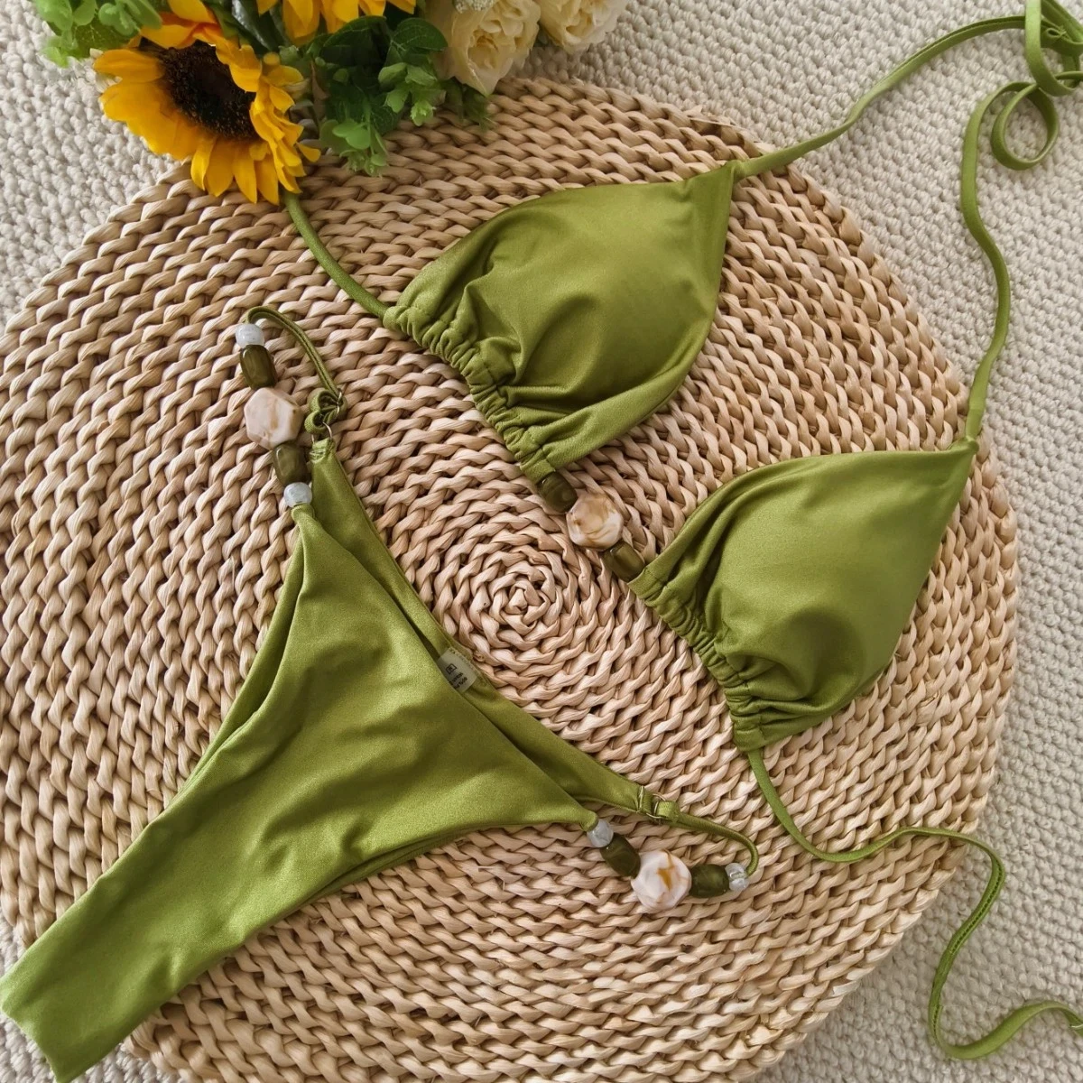

2026 New Sexy Bikini Solid Color Stone Bead Women Swimwear
