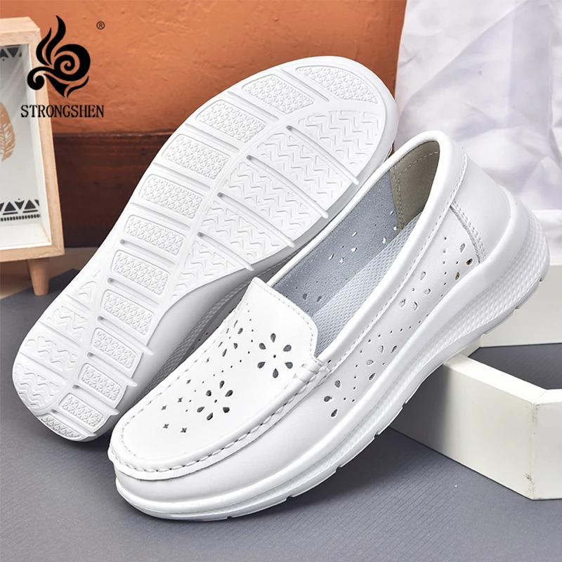 

STRONGSHEN Women Flat Shoes Leather Loafers Soft Sole White Nurse Shoe Ladies Office Anti-Skid Casual Hollw Out Work Shoes