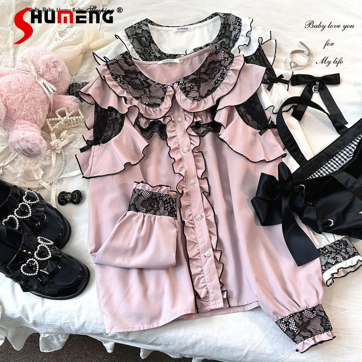 Ladies Japanese Style Sweet Ruffles Lace Contrast Color Chiffon Long Sleeve Shirt Girl Women's Lolita Student Y2k Blouse Tops