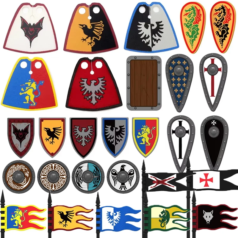 Medieval Knights Figures Accessories Building Blocks Officer Cloak Helmet Cape Armor Shield Black Eagle Red Lion Toys MOC Bricks