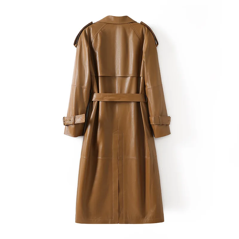 Stilvoller Damen-Trenchcoat aus gewachstem Schaffell aus echtem Leder, 2025, Herbstbraun, Raglanärmel, weiblich, langer Trenchcoat mit Schnürung