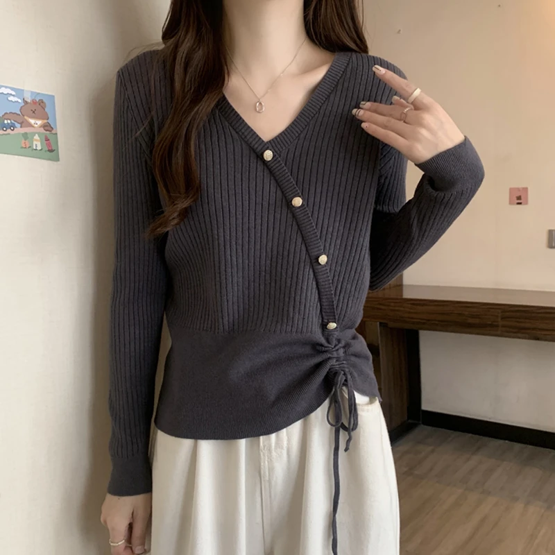 plus Size V-Neck Knitwear Women's Early Autumn Fleece Pullover Slimming Design Drawstring Base Shirt Korean Style Long Sleeve