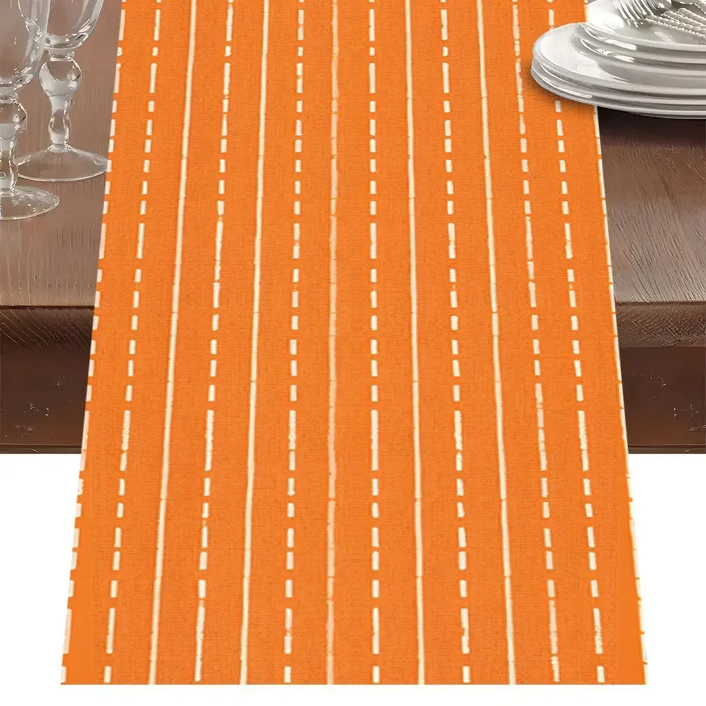 1 Piece of Table Runner with Orange and White Striped Background and White Lines, Suitable for Farmhouse, Indoor, Kitchen, Celebrations, Table Decoration, Restaurant, and Banquet Decoration Supplies