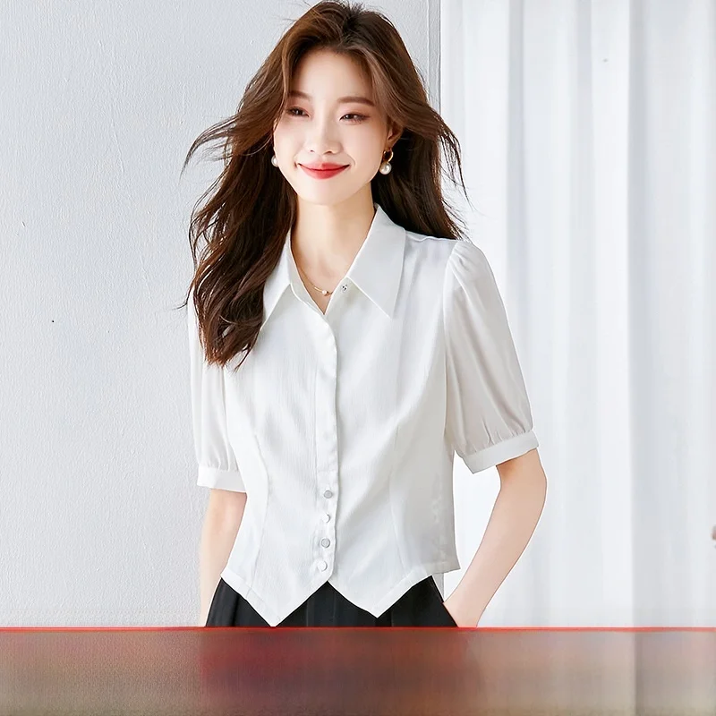 

Faionable ort Sve T-irt Women's Summer Chiffon Top Waist-Cinching ort Sle Small irt Commute Sle Bubble Sve