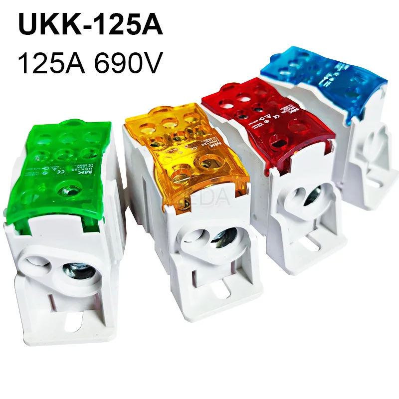 

1Pcs Din Rail UKK125A Terminal Block 1 in Many Out Distribution Box Universal Electric Wire Connector Red Yellow Blue Green