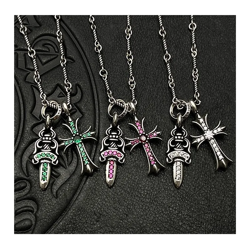 

Accessories Thai Silver Gold Plated Full Diamond Sword Cross Double Pendant Necklace Vintage Premium Autumn and Winter Sweater C