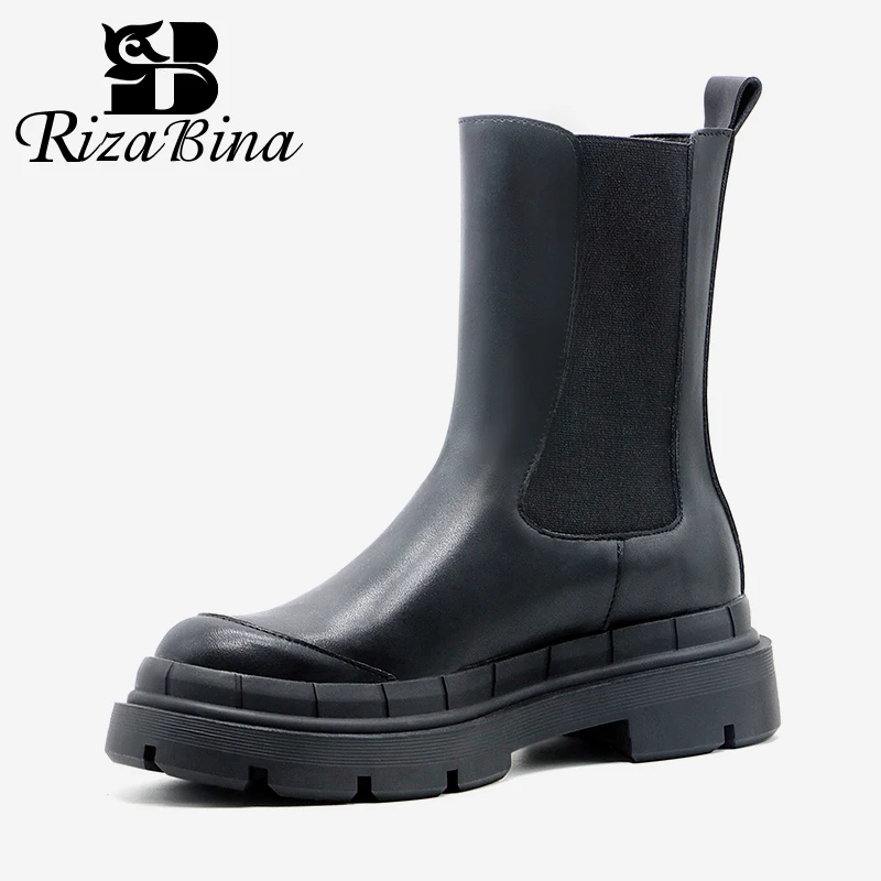 RIZABINA Women Ankle Boots Real Leather Fashion Platform Heels Winter Shoes Woman Warm Fur Office Lady Footwear Size 34-40