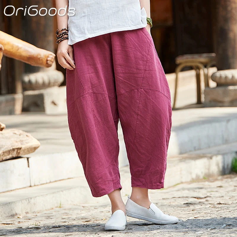 OriGoods Ramie Pants Women Loose Casual Capri Pants Spring Autumn 2024 New Vintage Harem Pants White Gray Trousers Woman B081