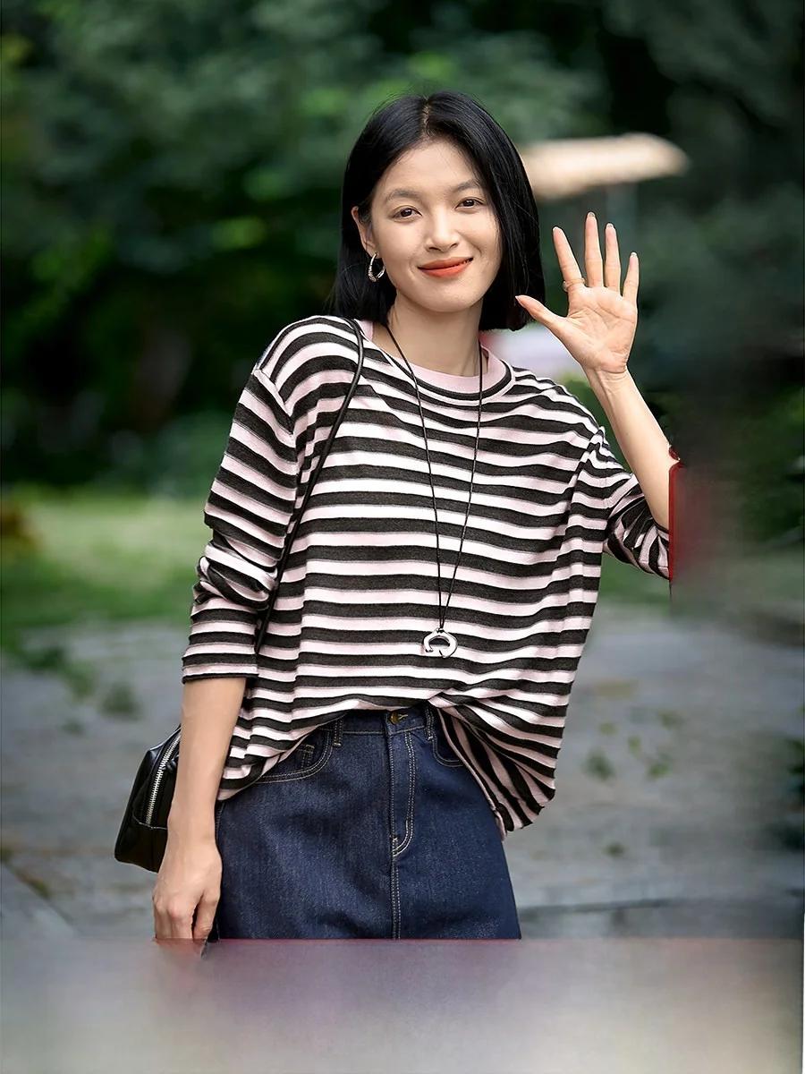 

Lightweight Woolen Knitted irt Casual Loose Fit Long Sve Striped Women's Top Comfortable Spring Faion Xhange Brand