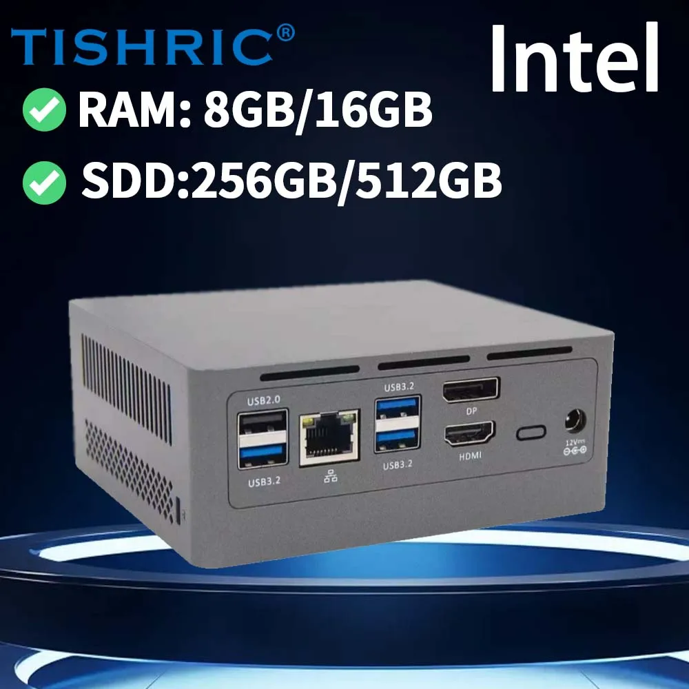 TISHRIC N100 مضيف صغير 16 جيجابايت + 512 جيجابايت كمبيوتر مكتبي صغير الجيل الثاني عشر مضيف صغير ثنائي النطاق واي فاي يدعم 4K شاشة مزدوجة DDR4