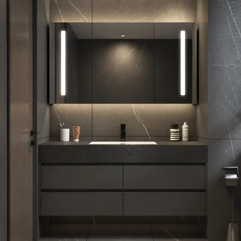 F056 Wholesale Slate Bathroom Cabinet Seamless Splicing Integrated Basin Combination Wash Table with Mirror Cabinet