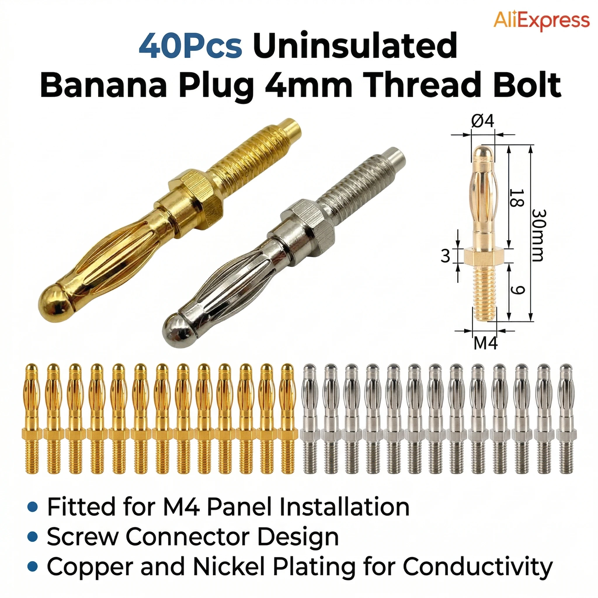 

40Pcs Uninsulated Banana Plug 4mm Thread Bolt Fitted for M4 Panel Installation Screw Connector Copper Nickel Plating