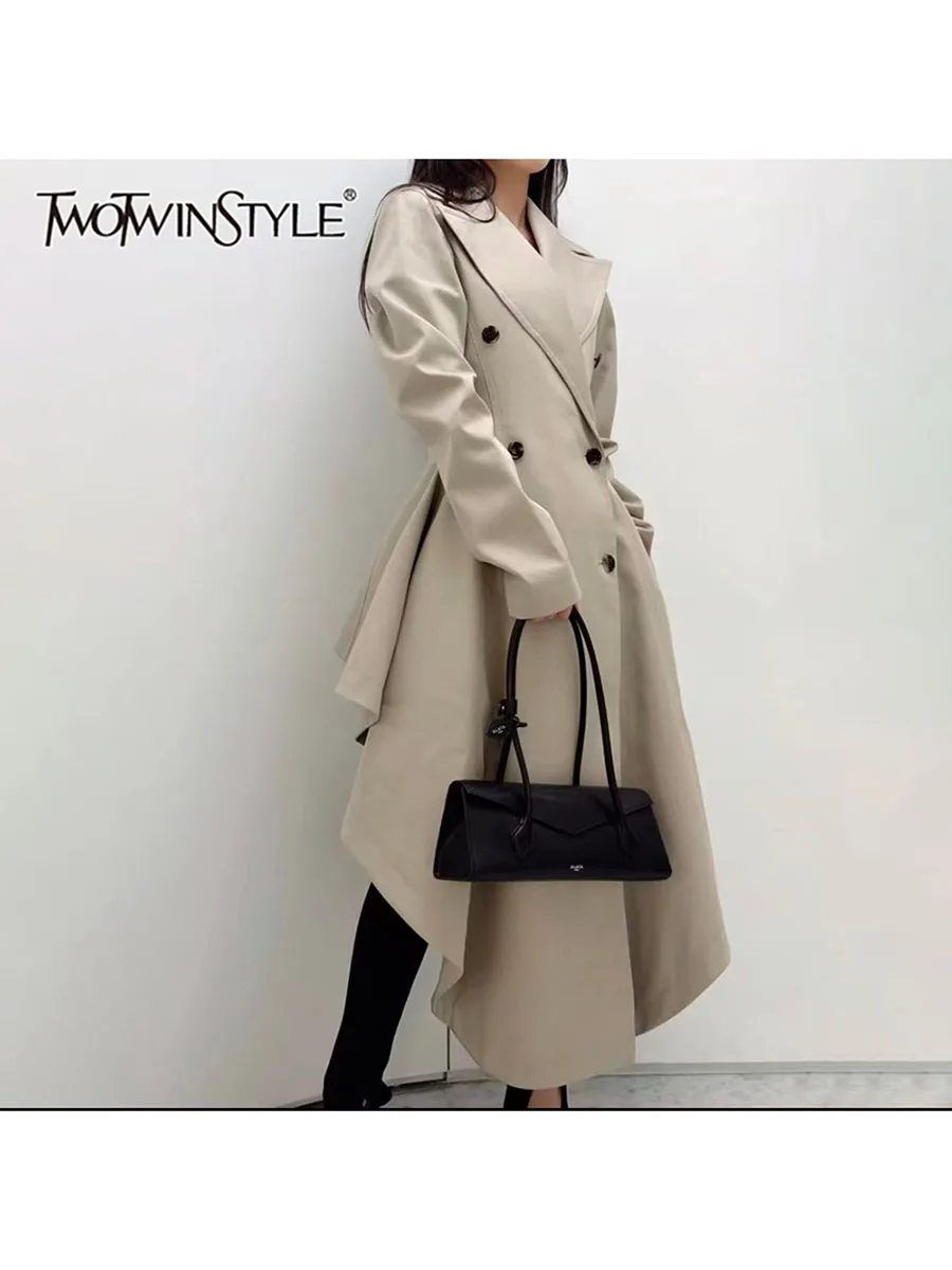 TWOTWINSTYLE Solid Spliced Double Breasted Slimming Dress for Women Turn Down Collar Long Sleeve Temperament Dresses Female New
