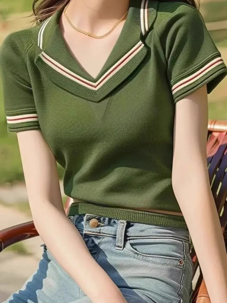 2025 verão moda camisola topos mulheres de malha camisetas malhas manga curta com decote em v casual elegante senhoras jumpers