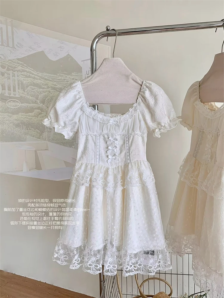 Summer Vintage Lace Ballet Core Mini Lolita Dress Women Mori Girl Fairy Frocks Party Short Sleeve One-Piece 2000s Aesthetic Cute