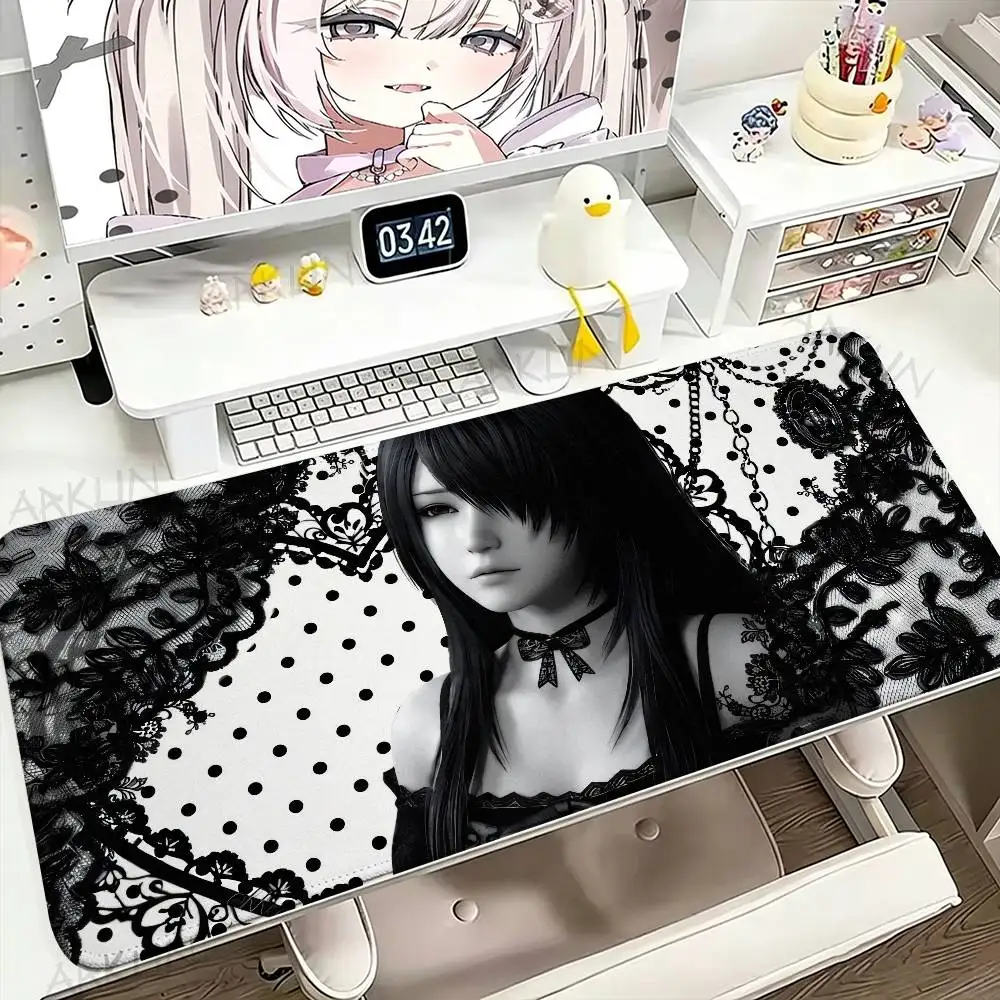 Black White Gothic Anime Girl Mouse Pad, Lace Polka Dot Pattern Desktop Mousepad Non‑Slip Rubber Base Gaming Desk Mat