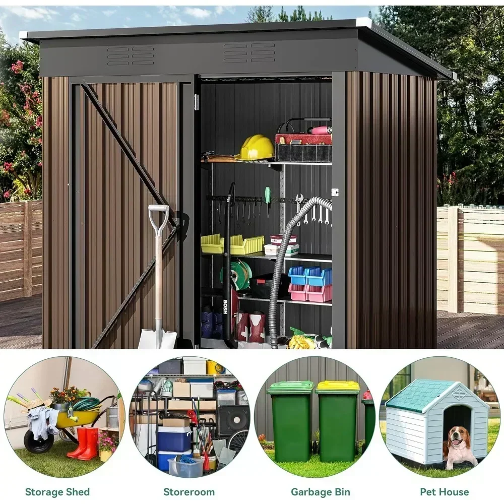 Outdoor Storage Shed Brown Heavy Duty Metal Tool Shed Storage Room With Single Lock Door and Vent for Garden Warehouse Buildings