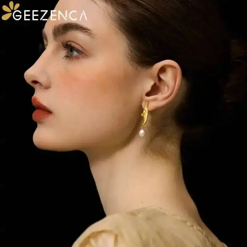 GEEZENCA 925 Sterling Silver Pearl Dangle Earrings For Women Plant Acanthus Pattern Designer Chic Unique Earring 2024 New Gift