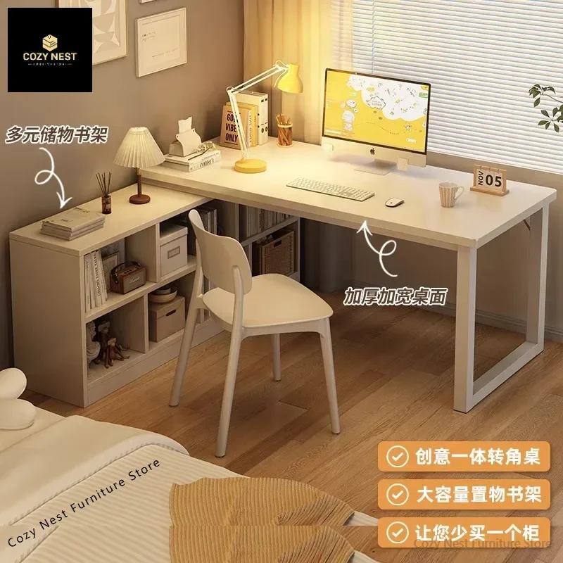 

L - Shaped Corner Desk with Bookcase - Integrated Student Home Writing Table for Bedroom