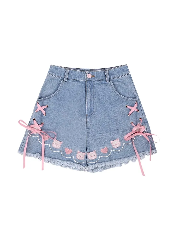 

Sweet Bow Lace Up Slim Fit Jeans Shorts for Women 2024 Summer New Denim Short Pants Y2k High Waist All-match Wide Leg Shorts