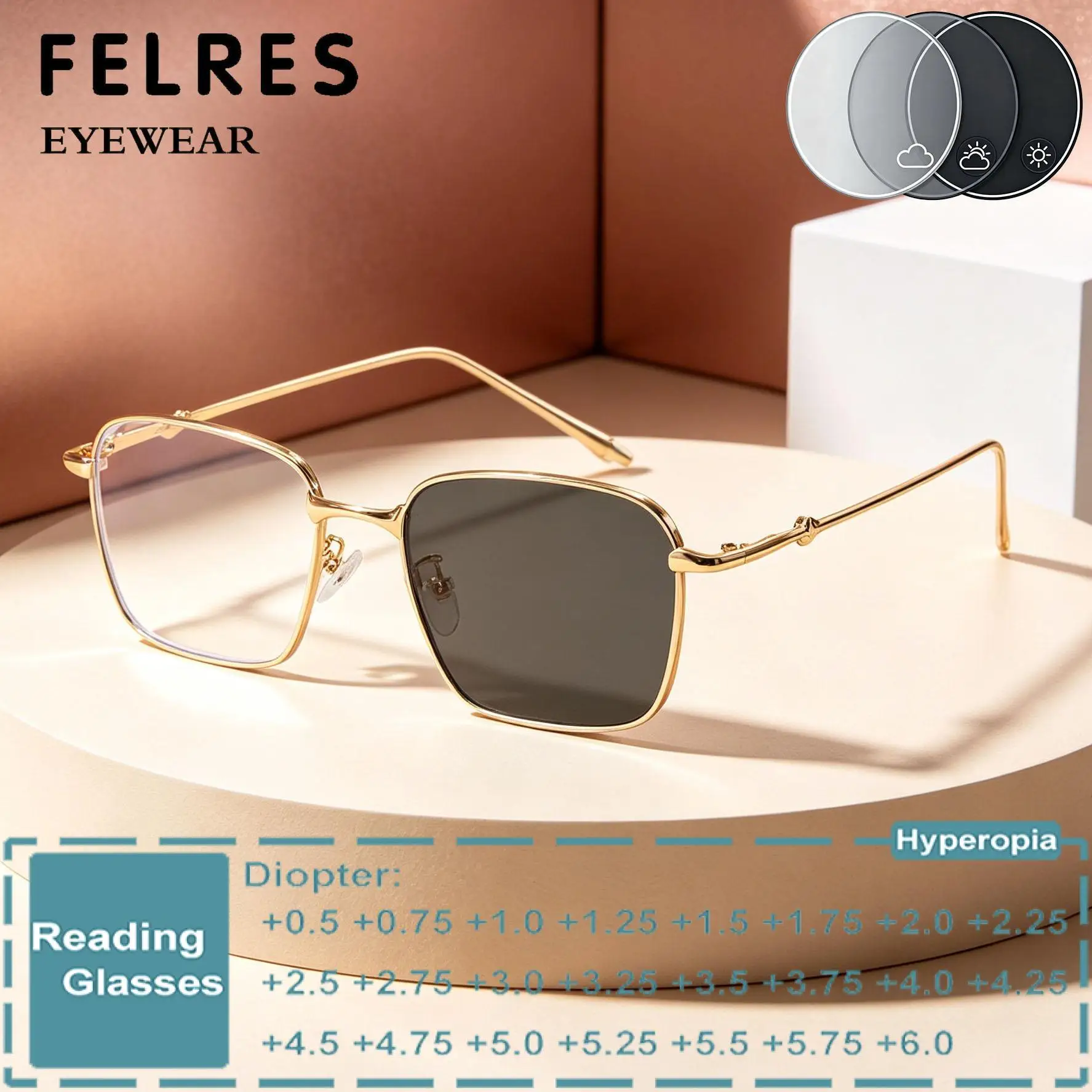 New Men Women Photochromic Reading Glasses Square Outdoor Sun Discolour Single Focus Presbyopic Eyewear Readers Customize Lens