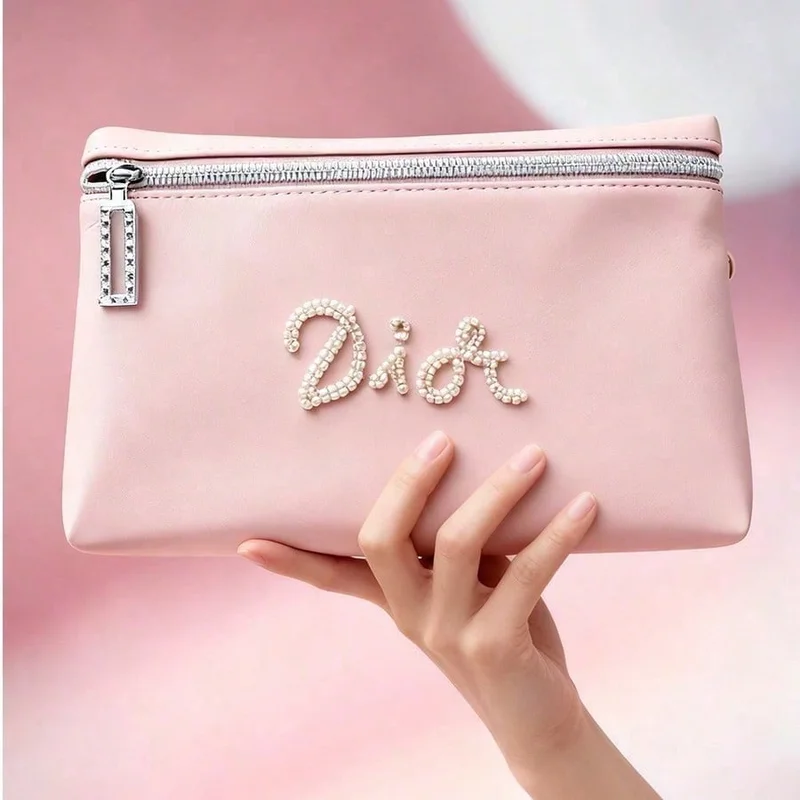 Dior’s Bag Deluxe Pink Designer Waterproof Makeup Bag Hand Beaded Craft Cosmetic Storage Pouch Multi-Scene Use For Commute Trave view 5