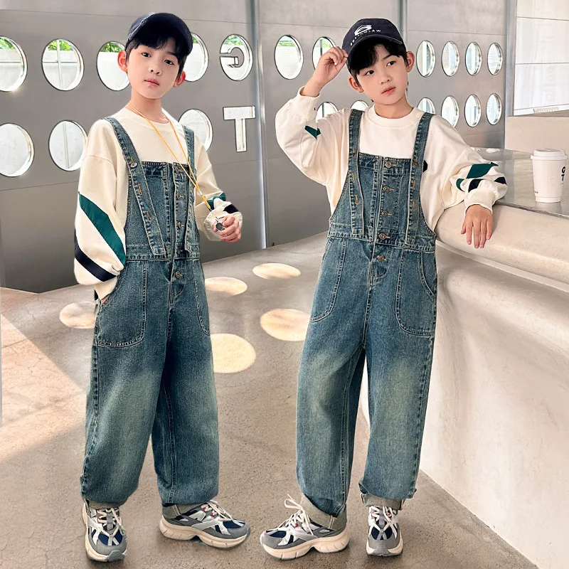 

Kids Denim Overalls for Teenager Spring Autumn Jeans Dungarees Girls Pocket Jumpsuit Children Boys Pants for 4 5 7 9 11 13 Years