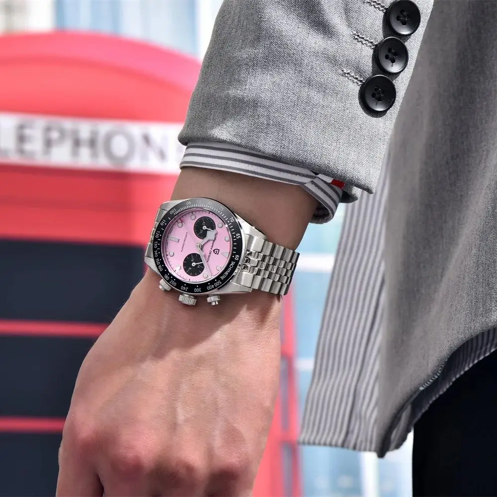 PAGANI DESIGN Men Watches 2026 New Pink BB Panda Dial Chronograph Fashion Luxury Quartz Watch For Men VK64 Movt Waterproof Watch