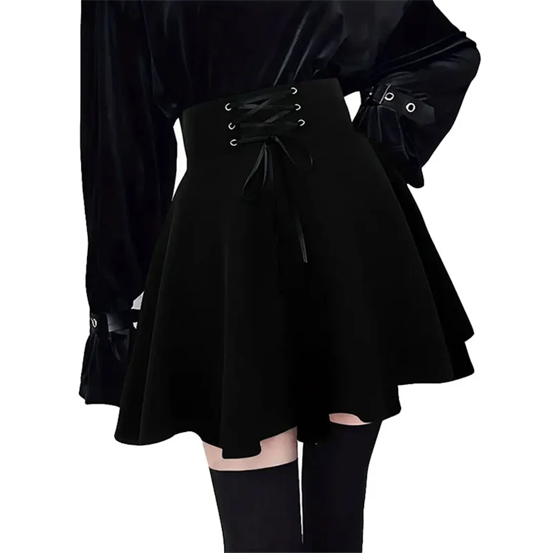 Streetwear Mall Goth Skirt Women Harajuku Y2k E-girl High Waist Bandage Black Mini Skirt Dark Gothic Punk Emo Alt Club Wear