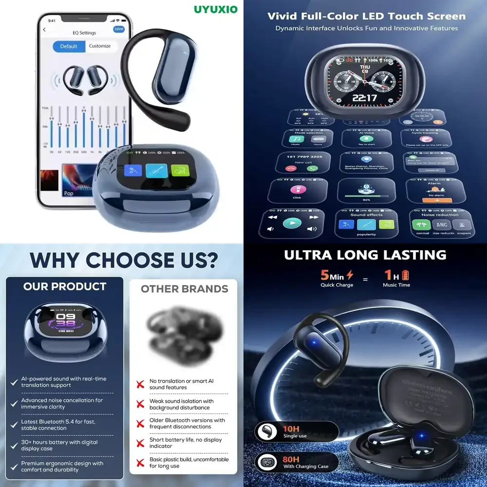 

UYUXIO Open Ear Bone Conduction Headphones BT 5.4 Wireless Earbuds with Digital Display 60H Playtime IPX7 Waterproof Earphone