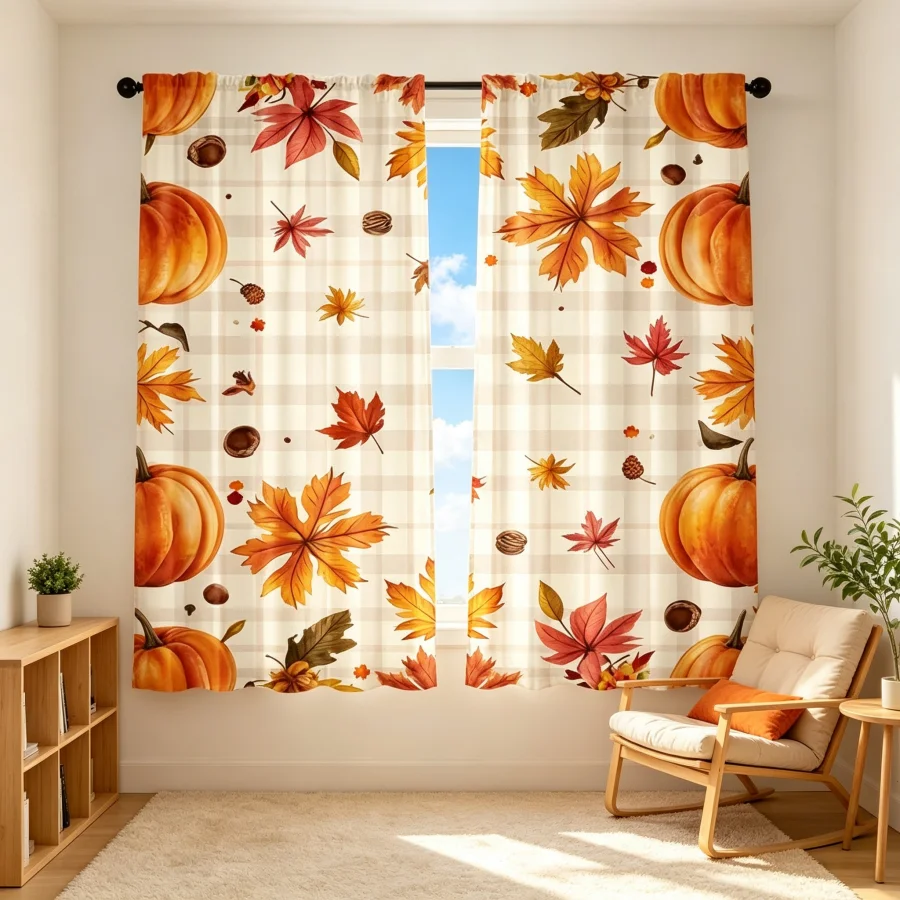 2PCS Digital Print Curtain, Light Brown Plaid Pumpkins, Buffalo Check Fall Rustic Farm Style for Living Room Bedroom Decor