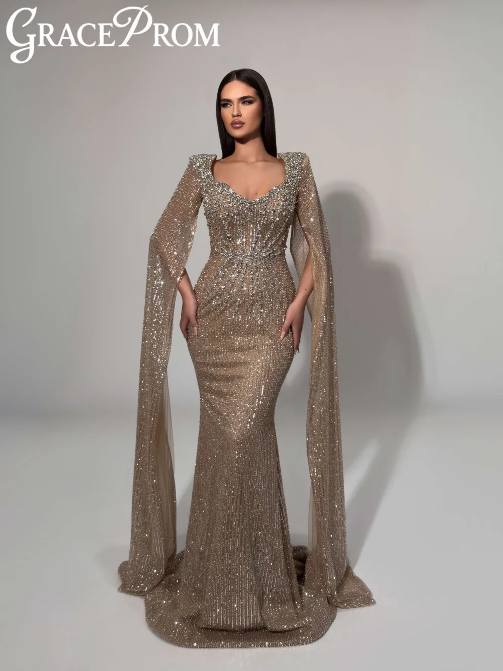 

Гламурное вечернее платье с кристаллами и бисером, элегантное длинное вечернее платье русалки с накидкой и рукавами, новые изысканные банкетные платья по индивидуальному заказу