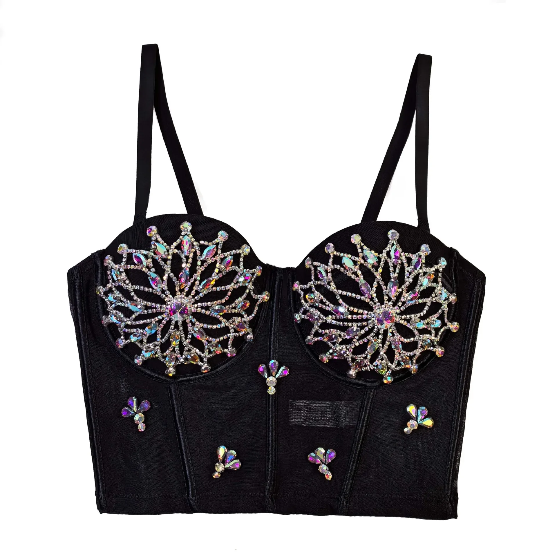 Stylish Three-quarters Cup See Through Bra with Beading Rhinestone Fishbone Support Underwear Women Rock Festival Bralette Bras
