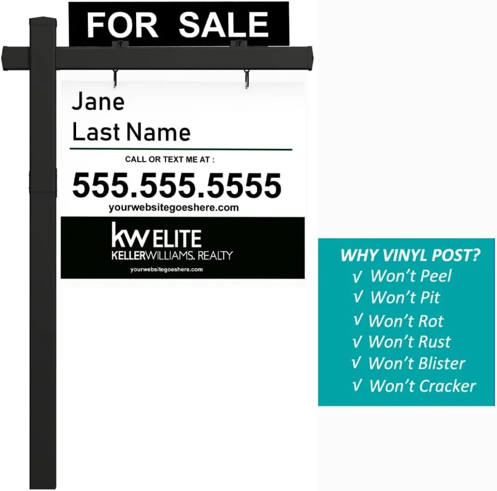 

6-футовая черная вывеска из ПВХ для недвижимости 4x4 с кронштейном 47 дюймов, сверхпрочный стальной кол, упаковка из 2 знаков для двора