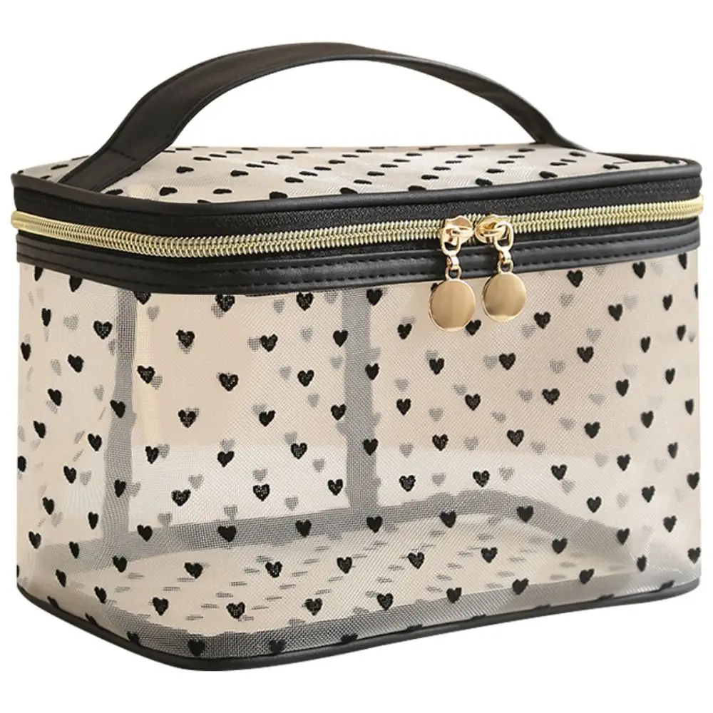 Double/Single Layer Mesh Love Makeup Bag Black Heart Printed Large Capacity Cosmetics Organizer Transparent