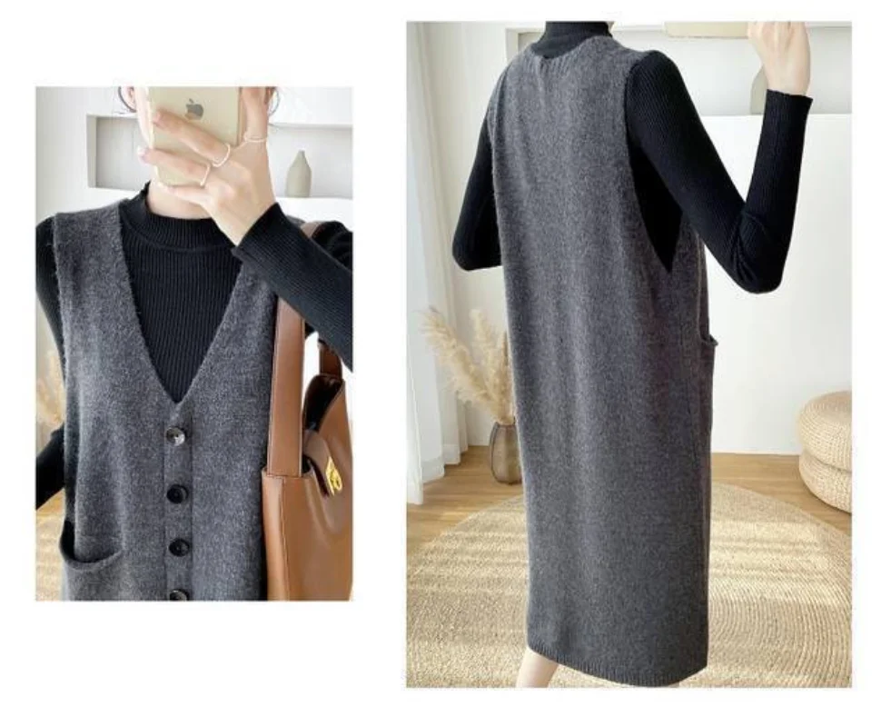 Mid length knitted vest skirt new loose and V-neck sweater 2022 Spring and Autumn Sweater Women Tank Top Dress Vest Female Tops