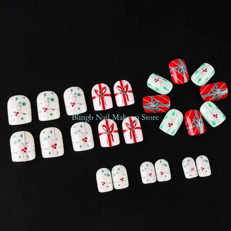 28taクリスマスフェイクネイルセット24マットの正方形の形状赤みの白い花柄のデザインスパークリンググリッター仕上げabsマテリアルギフト