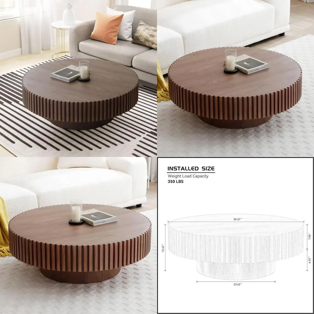 طاولة قهوة من خشب الجوز على طراز المزرعة الحديثة بتصميم دائري وتفاصيل منحوتة يدوياً لغرفة المعيشة