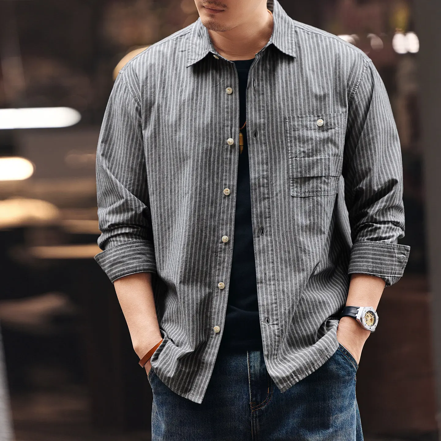 Men's new American-style vintage linen check shirt - spring lightweight loose-fitting casual long-sleeved shirt jacket