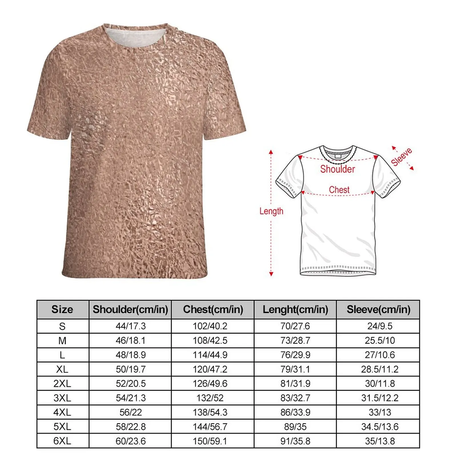 Faux Metallic T-Shirt Rose Gold Glitter Metal Print Funny T Shirts Short Sleeve Basic Tshirt Summer Custom Tees Big Size 5XL 6XL