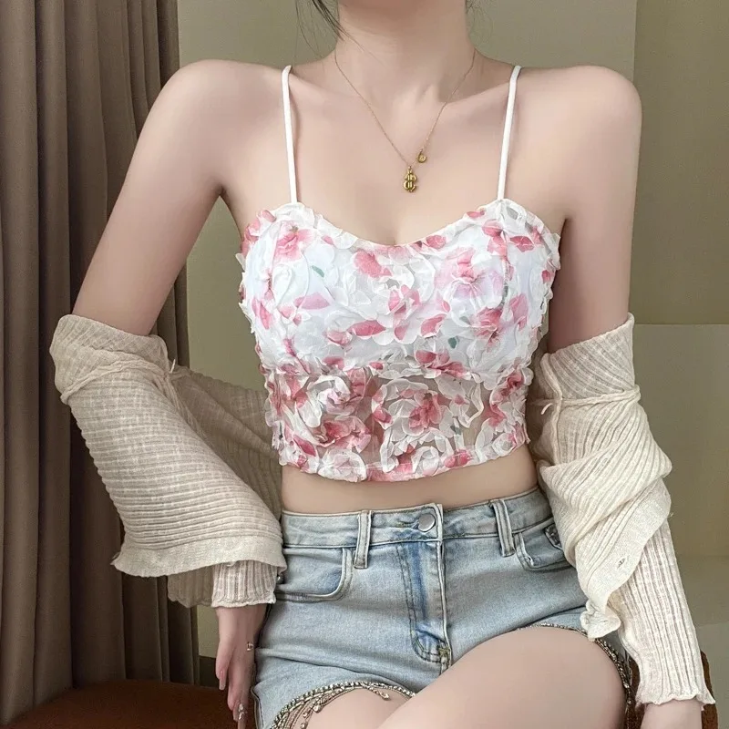 

Lace Crop Top Women Rose Floral Bra Mesh Tube Top Beauty Back Bra Seamless Cami with Chest Pads Sexy Tank Top Sweet Lingerie