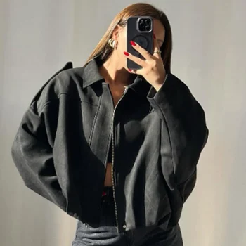 Women's Suede Cropped Bomber Jacket 6 HXAO Suede Cropped Jacket Women's Bomber Jacket Oversized Batwing Sleeves Outerwears Lady Casual Loose Coat Street Style Jackets 6