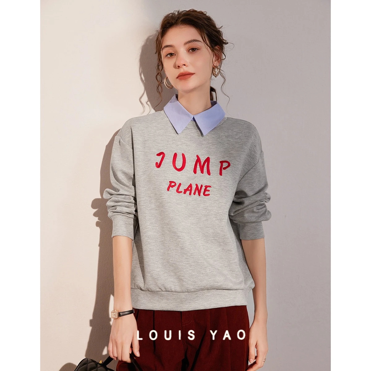 LOUIS YAO Letter Embroidered Fake Two Piece Sweatshirts 2025 Spring Autumn Women Top Falling Shoulder Long Sleeve Women's Hoodie