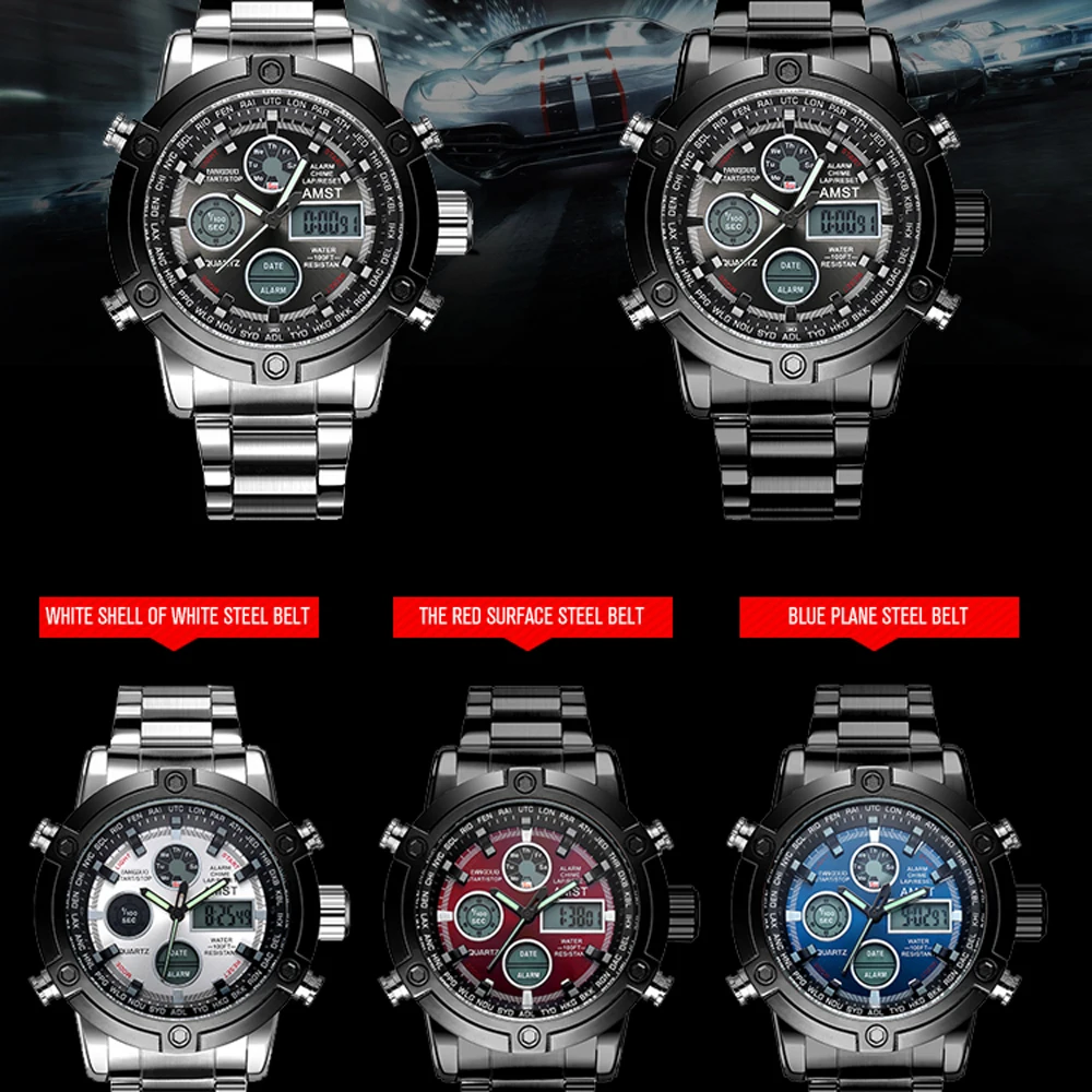 2023 New AMST Men Luxury Brand Male Fashion Sport Military Wristwatches LED Digital Analog Quartz Clock Relogio Masculino