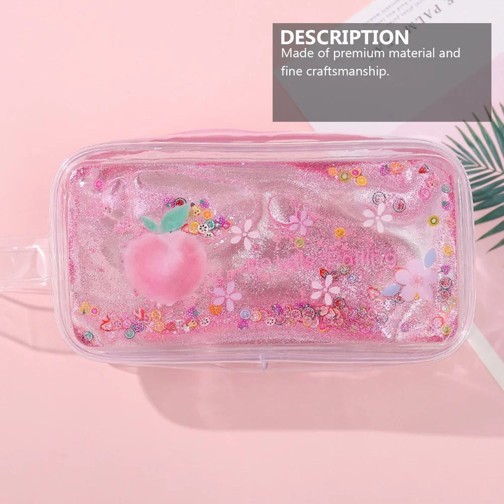 1Pcs PVC Peach Pattern Pen Bag Moderate Capacity Stationery Case Travel Pencil Case Shiny Portable Quicksand Pen Bag