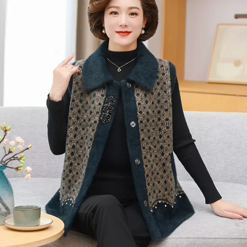 Autumn and Winter New Middle-aged and Elderly Women\'s Mink Velvet Padded Knitted Vest Turndown Collar Waistcoat Cardigan Coat