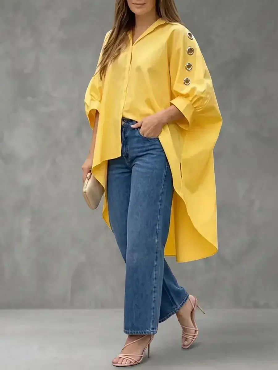 Casual Women Loose Long Tunic Shirt Lapel Collar Lantern Sleeve Metal Button Irregular Hem Top